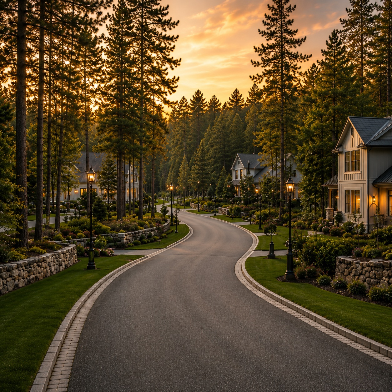 Tree-lined Lakeview community road with homesites and finished homes